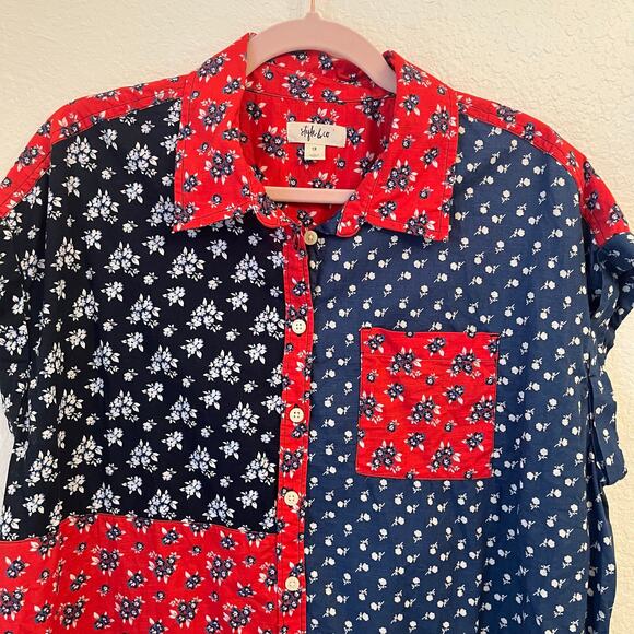 Style & Co Button Up Shirt Women’s 1X Cotton Red Blue Patchwork Ditsy Floral - Picture 3 of 12